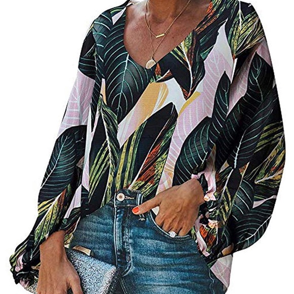 Tops - New Floral Print V Neck Lantern Sleeve Boho Blouse